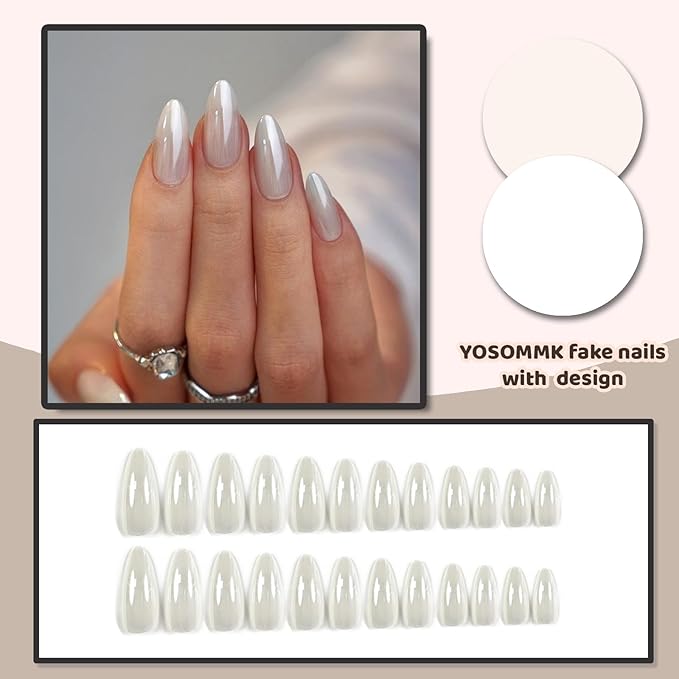 Medium Press on Nails Almond Fake Nails with Chrome Designs Glossy False Nails White Glue on Acrylic Nails for Women and Girls