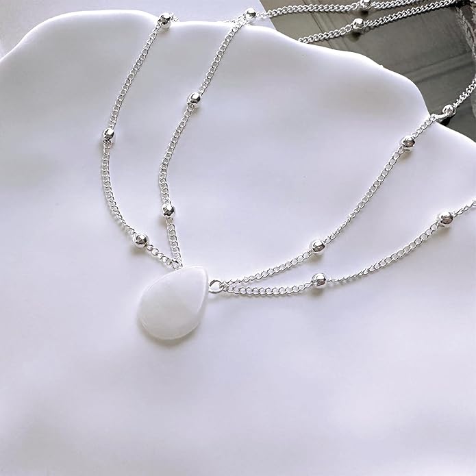 Layered Teardrop Pendant Necklace Teardrop Natural Stone Necklace Teardrop Gemstone Necklace Chain White Teardrop Necklace Choker Gold Satellite Chain Necklace Jewelry for Women and Girls-VivaGrace Women