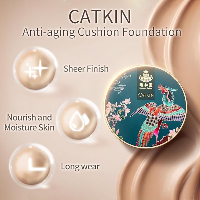 Catkin Phoenix Cushion Foundation Buildable Coverage Anti-Aging Serum Makeup, Sheer Satin Finish, Refill Included, Light Beige 0.46 Oz x 2, C03 VANILLA-VivaGrace Women