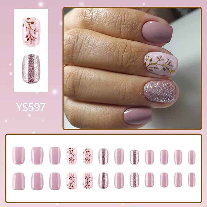 24Pcs Short Press on Nails Flower Nails Press ons Flower Square Fake Nails with Glitter Designs Purple Summer Glue on Nails Floral Artificial Acrylic False Nails for Women