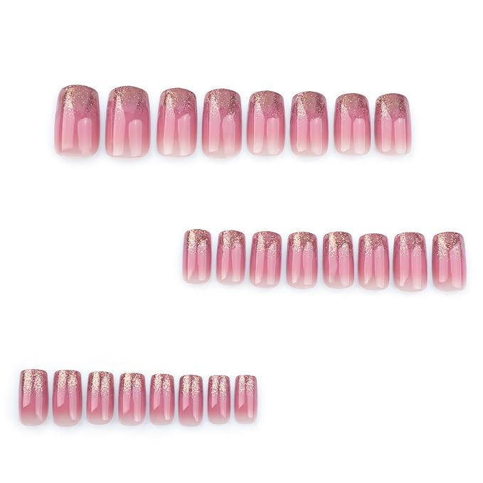 Medium Square Press on Nails French Tip Fake Nails Gold Glitter False Nails with Designs Pink Full Cover Glue on Nails Sparkly Artificial Nails Cute Stick on Nails for Women 24Pcs