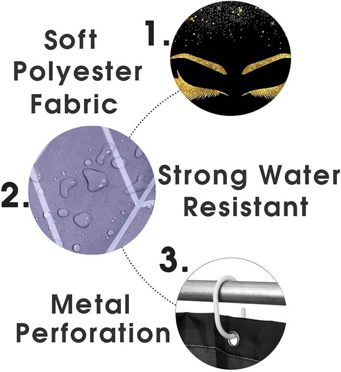 4PCS Unicorn Eyelash Shower Curtain Set, Luxury Gold Glitter Eyebrow Makeup Confetti Hello Gorgeous Glam Modern Fashion Black Women Bathroom Decor, Non-slip Bath Mat Toilet Rug, Gold Eyelash-VivaGrace Women