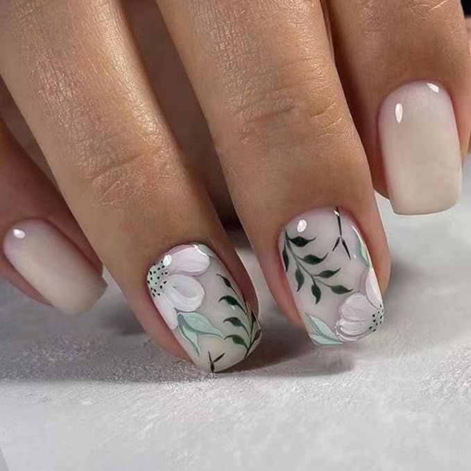 24 Pcs Short Square Flower nails Press on Nails Pure White False Nails with Floral and Leaves Design Acrylic Nails Glossy floral Reusable Fake Nails Fully Cover Stick on Nails for Women and Girls