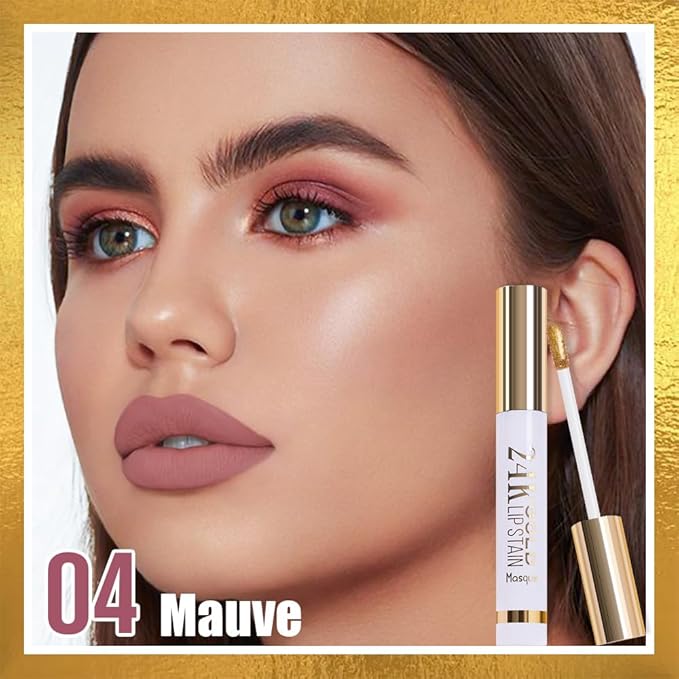 2025 New 24K Gold Liquid Lip Gloss Peel Off Lip Stain Tattoo with Tweezer, Mauve Lips Stain Peel Off Masque, Long Lasting Waterproof Lip Tint Stain, Transfer-proof for All Skin Types 04#-VivaGrace Women