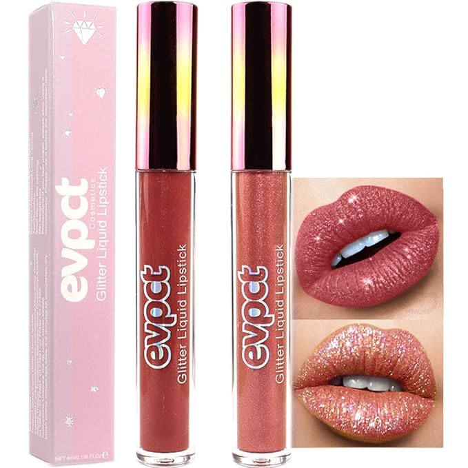 evpct 2Pcs Mauve Red & Bronze Gold Matte to Glitter Liquid Lipstick Long Lasting Lip Set Kit for Women Diamond Shiny Glitter Sparkly Glossy Metallic Shimmer Sparkle Waterproof Lipstick Lip Gloss 02+05-VivaGrace Women