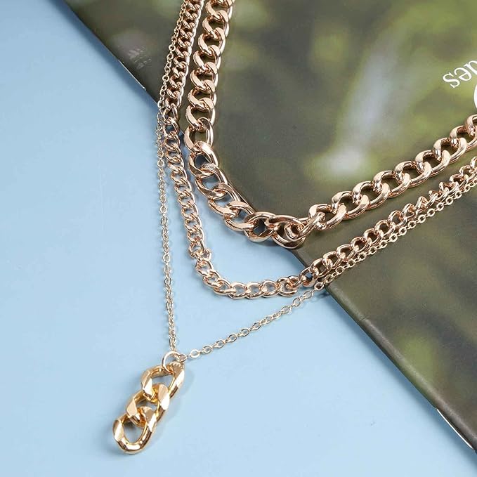Punk Layered Necklace Choker Gold Cable Chain Necklace Vintage Chain Drop Necklace Multi Layer Necklace Set Jewelry for Women and Girls Gifts-VivaGrace Women