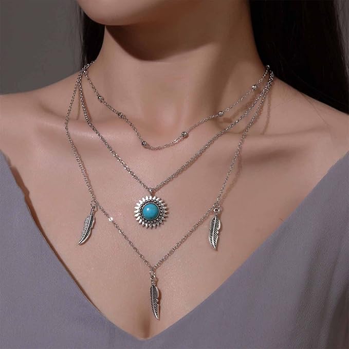 Boho Layered Feather Choker Necklace Turquoise Pendant Necklace Chain Vintage Crystal Paved Sun Necklace Silver Sunflower Necklace Jewelry for Women and Girls-VivaGrace Women