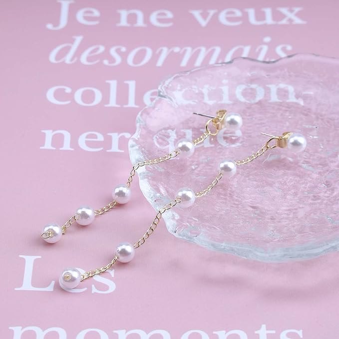 Boho Pearl Dangle Earrings Gold Pearl Drop Stud Earrings Long Pearl Tassel Earrings Vintage Pearl Linear Earrings Jewelry for Women and Girls-VivaGrace Women