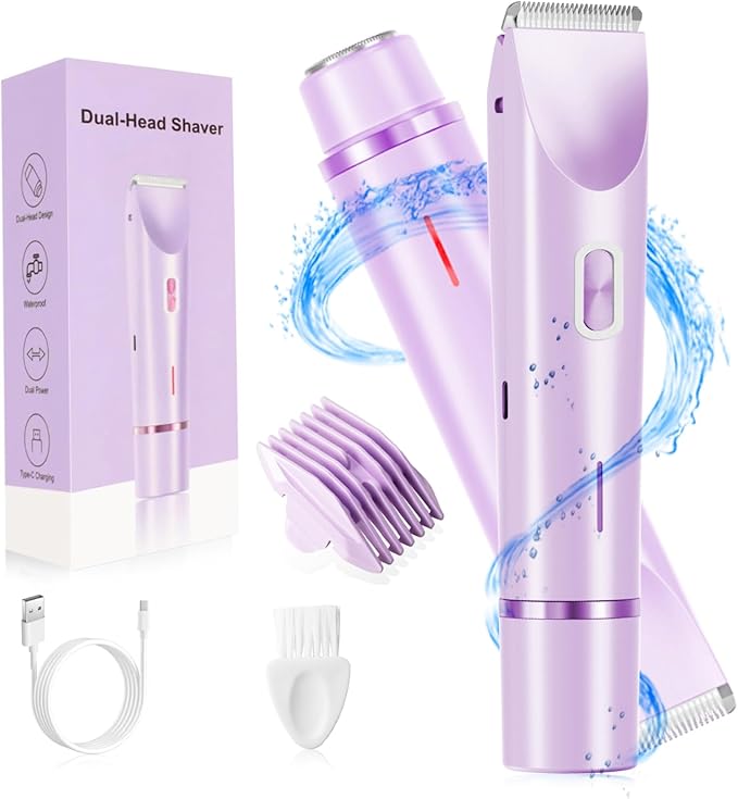 Electric Bikini Trimmer for Women, 2-in-1 Waterproof Hair Shaver and Epilator, IPX7 Wet/Dry Lady Shaver for Bikini, Legs, Underarms, Purple-VivaGrace Women