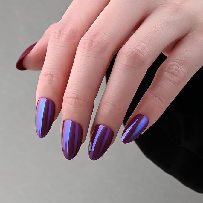 Chrome Press on Nails Short Almond, Purple-Blue Press on Nails Almond, Fashion Gel Fake Nails, Reusable Glossy Stick on Nails for Women, Glue on Nails Kit,15 Sizes - 30Pcs