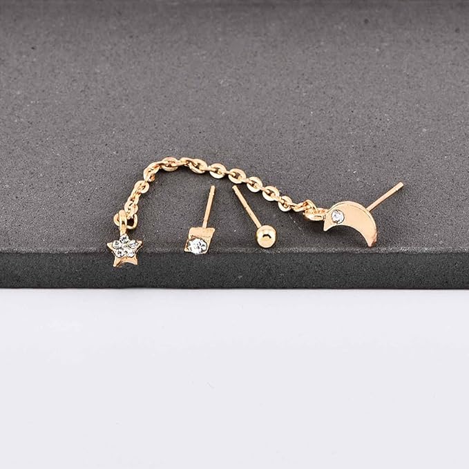 Bohemia Moon Star Dangle Earrings Gold Cz Moon Drop Chain Earrings Crystal Star Earrings Star Chain Earrings for Women and Girls-VivaGrace Women
