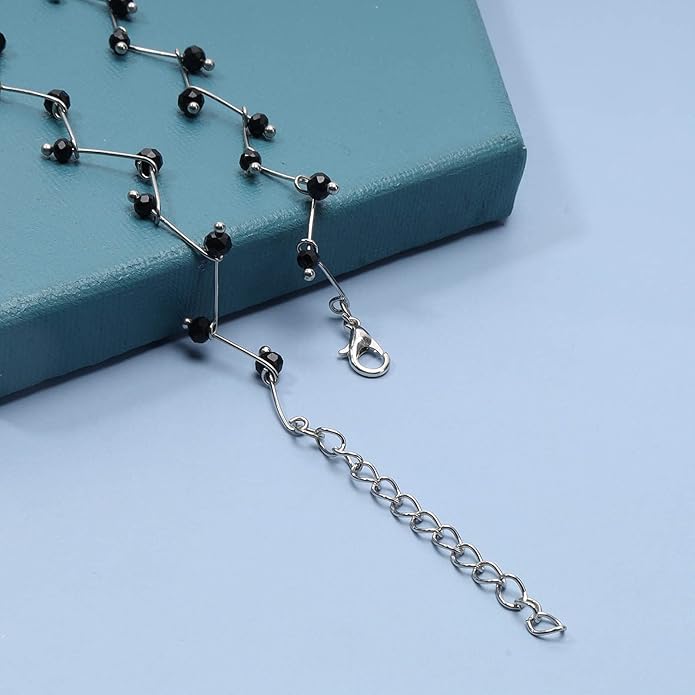 Black Crystal Choker Necklace Short Black Beaded Choker Necklace Silver Chain Necklace Minimalist Necklace Jewelry for Women and Girls-VivaGrace Women