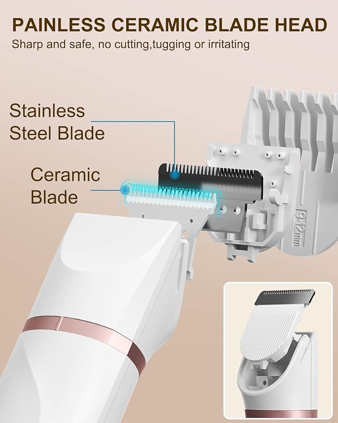 Bikini Trimmer Pubic Hair Trimmer for Women Legs Bikini Line Armpit Rechargeable Electric Shaver for Women Hair Removal with Snap-in Ceramic Blades IP7X Waterproof, White-VivaGrace Women