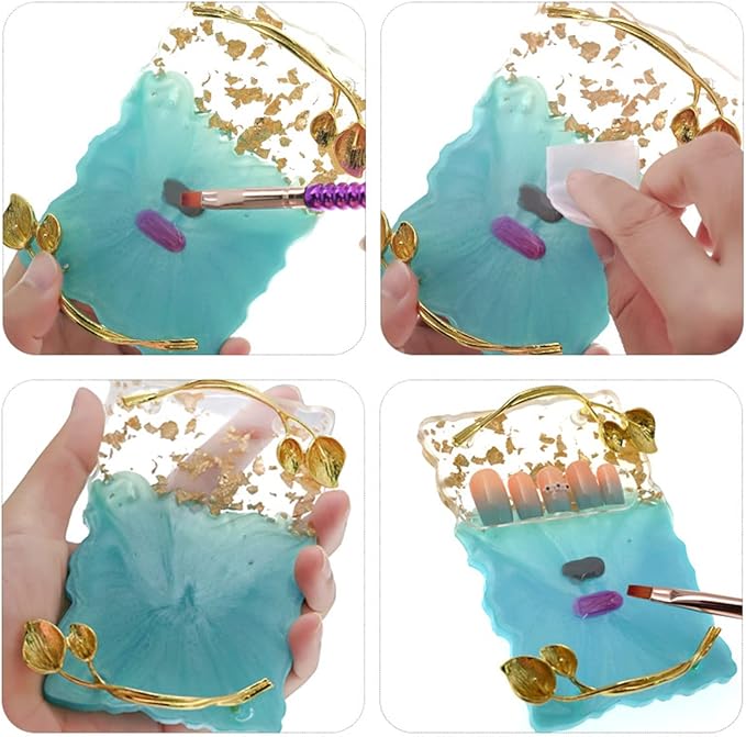 2023 Retro Nail Art Palette, Nail Painting Mixed Color Palette with Leaves Handle, Nail Holder Gel Color Makeup Display Board Pallet (Blue)-VivaGrace Women