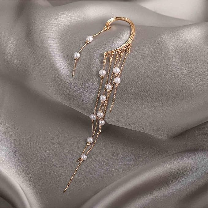 Boho Pearl Ear Wrap Earrings Gold Pearl Ear Cuff Earrings Long Drop Tassel Pearl Earrings Festival Gothic Earrings Non Piercing Ear Climber Cartilage Earrings Jewelry for Women and Girls-VivaGrace Women