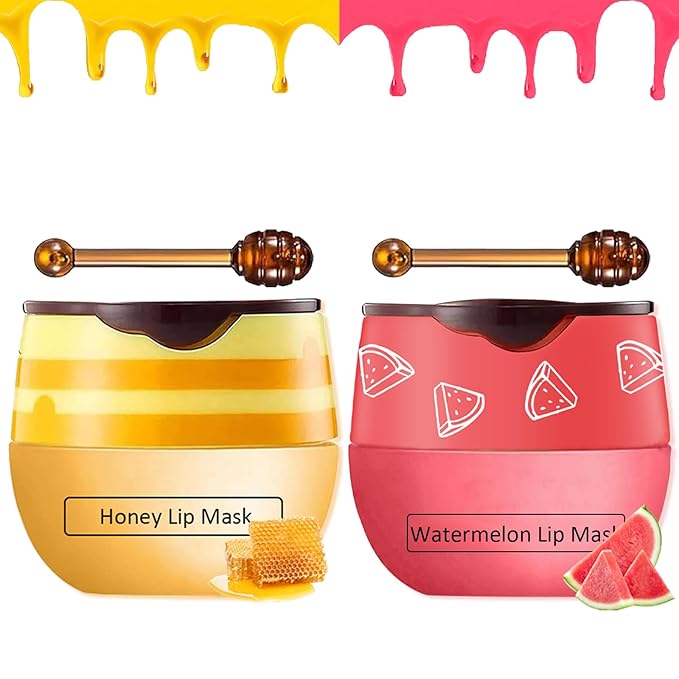 2 PCS Bee Lip Balm Honey Pot,Honey&Watermelon Lip Sleeping Mask,Hydrating Prevention Dry and Cracked Lip Scrubs Exfoliator Lip Care,Moisturizing Lip Mask Overnight-VivaGrace Women