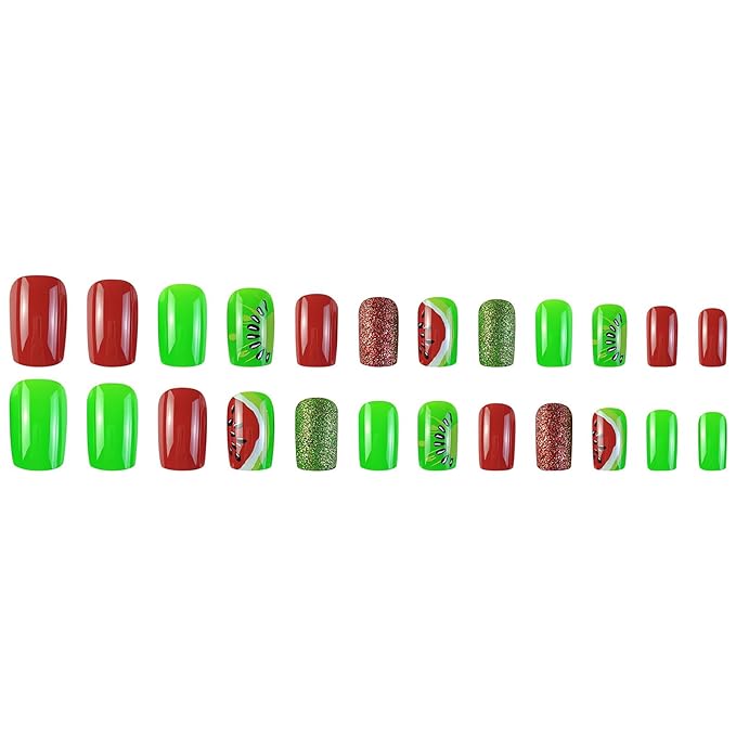 24 Pcs Summer Press on Nails Medium Length Fake Nails Cute Watermelon Full Cover Glue on Nails Glossy Red Green False Nails Summer Fruit Acrylic Nails Square Shape Glue on Nails for Women and Girls