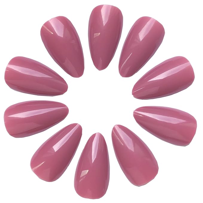 LoveOurHome 240pc Almond Press-on Medium Fake Nail Tips - Full Cover Lotus Pink Artificial Fingernails - Short Stiletto Nails - Press-ons with Glue & Adhesive Tabs
