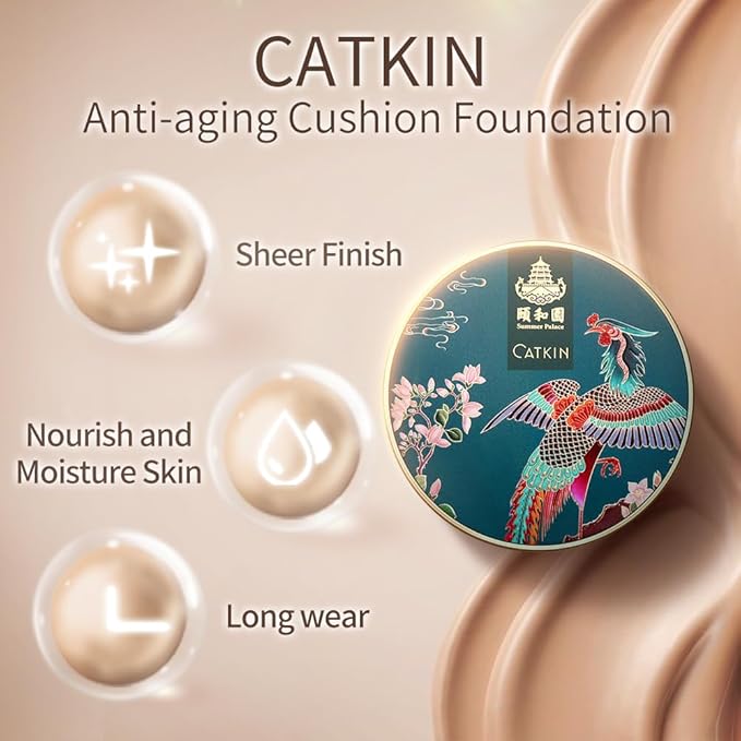 Catkin Phoenix Cushion Foundation Buildable Coverage Anti-Aging Serum Makeup, Sheer Satin Finish, Refill Included, Light Beige 0.46 Oz x 2, C01 NATURAL-VivaGrace Women