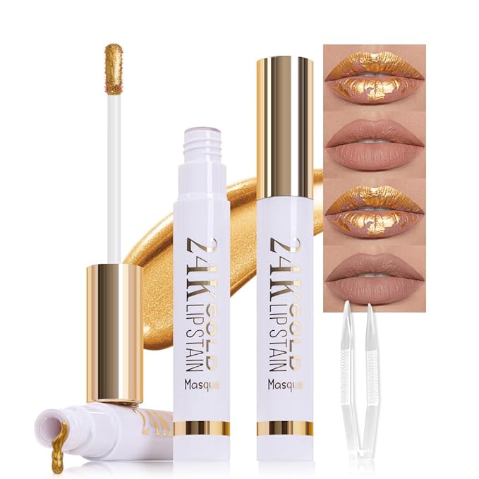 2Pcs 2025 New 24K Gold Liquid Lip Gloss Peel Off Lip Stain Tattoo with Tweezer, Lips Stain Peel Off Masque, Long Lasting Waterproof Lip Tint Stain, Transfer-proof for All Skin Types 01#+02#-VivaGrace Women