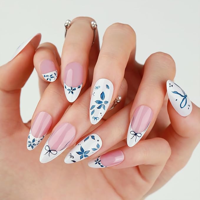 24Pcs Blue Flower Press on Nails Medium Almond French Tip Fake Nails with Bow Design White Glossy False Nails Full Cover Artificial Glue on Nails Spring Summer Stick on Nails for Women DIY Manicure