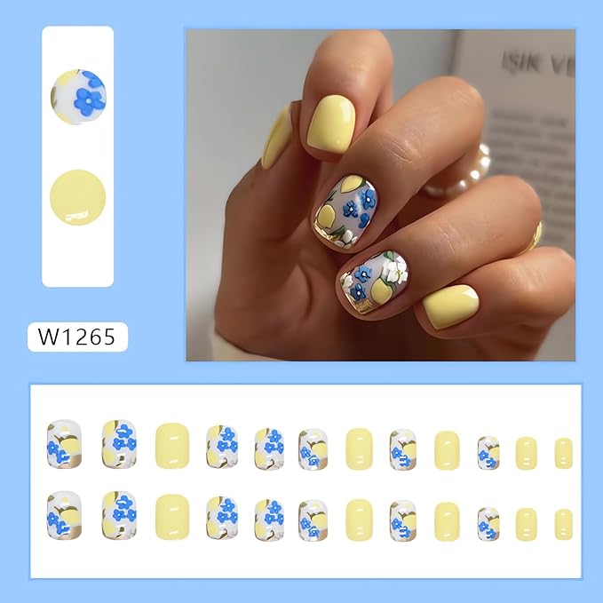 Short Square Press on Nails Blue Yellow Fake Nails Flower Lemon Designs Cute Summer Glue on Nails Glossy Full Cover Acrylic False Nails Spring Stick on Nails for Women Nail Art Decorations