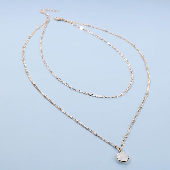 Boho Layered Opal Moonstone Necklace Choker Gold Round Opalite Necklace Clear Quartz Necklace Faceted Crystal Pendant Necklace Chain Jewelry for Women and Girls-VivaGrace Women