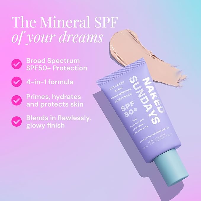 Naked Sundays SPF 50 Daily Facial Moisturizer, All-in-one Mineral Sunscreen, Face Lotion, Makeup Primer with Broad Spectrum UVA/UVB + Zinc Oxide, 50ml-VivaGrace Women