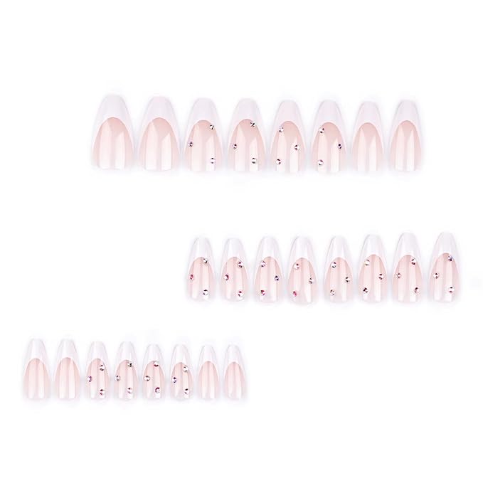 White French Tip Press on Nails Medium Glue on Nails Almond with Rhinestone Designs Glossy False Nails Nude Reusable Acrylic Stick on Nails for Women Girls Manicure Gift 24pcs