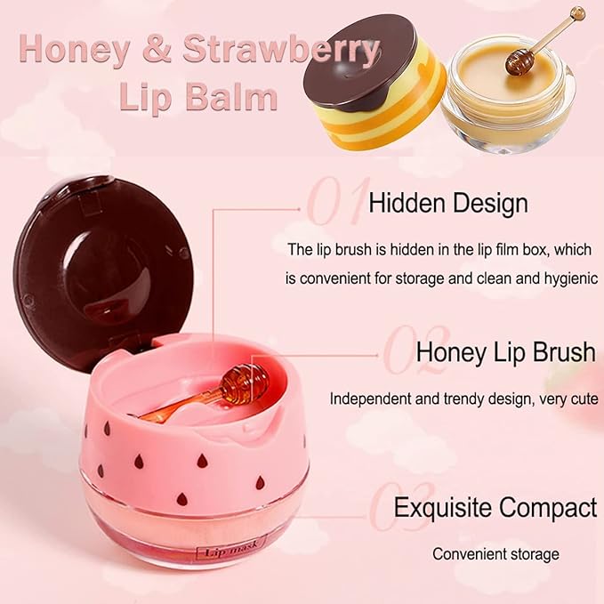Bee Lip Balm Honey Pot, 2 PCS Strawberry & Honey Lip Masks Hydrating Prevention Dry and Cracked Lip Scrubs Exfoliator,Lip Sleep Mask Reduces Lip Lines,Lip Exfoliating BeeLip Balm Sleeping Lip Mask-VivaGrace Women