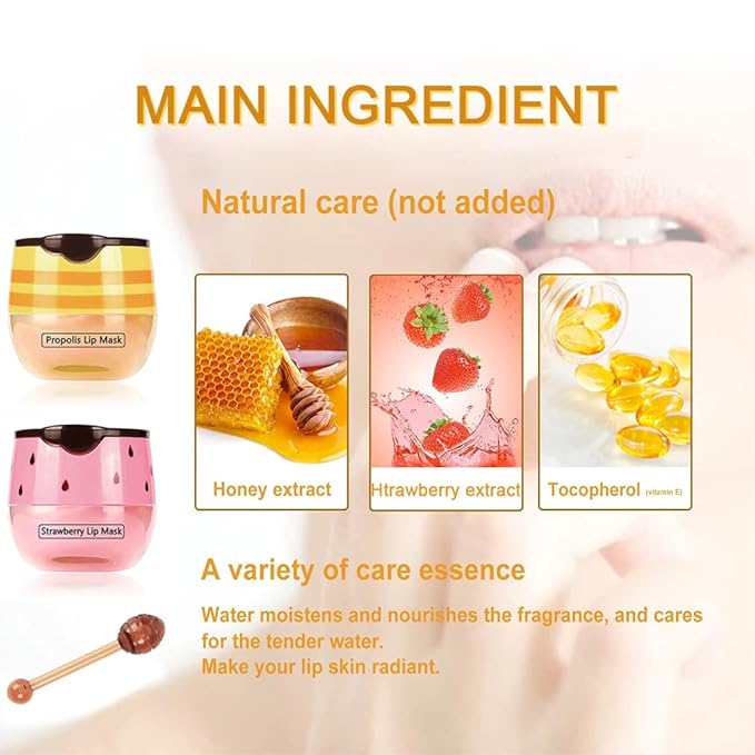 2PCS Bee Lip Balm Honey Pot & Strawberry Vitamin E Lip Sleep Masks Hydrating Prevention Dry and Cracked Lip Scrubs Exfoliator, Reduces Lip Lines,Lip Exfoliating Balm Sleeping Lip Mask-VivaGrace Women