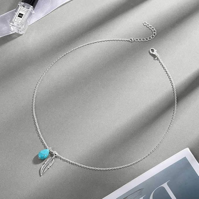Boho Turquoise Necklaces Silver Feather Pendant Necklace Chain Short Delicate Dainty Necklaces Jewelry for Women-VivaGrace Women