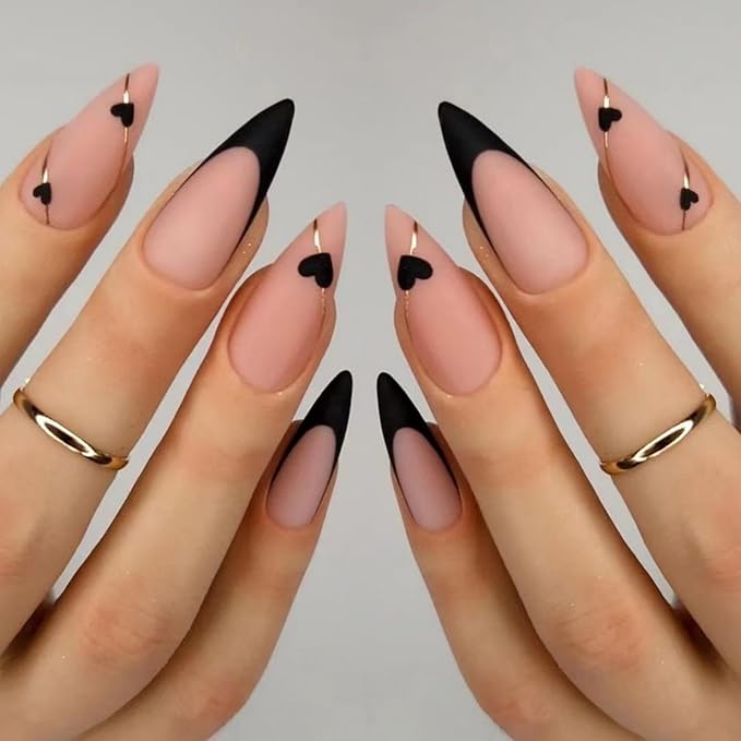 Black French Tip Press on Nails Medium Almond Fake Nails with Black Heart Design Gold Line Stick on Nails Glossy Acrylic Full Cover Glue on Nails Stiletto False Nail For Women Mother's Day Manicure
