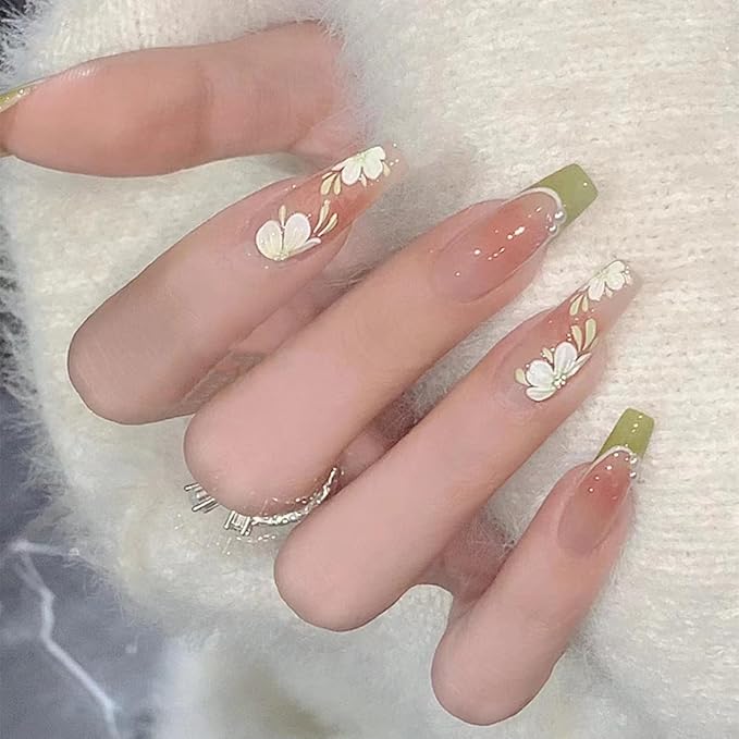 Green French Tip Fake Nails 24Pcs White Flower Press on Nails Long Coffin Acrylic False Nails with Design Pearl Nail Charms Camellia Flowers Glue on Nails Gradient Blush French Artificial Nails