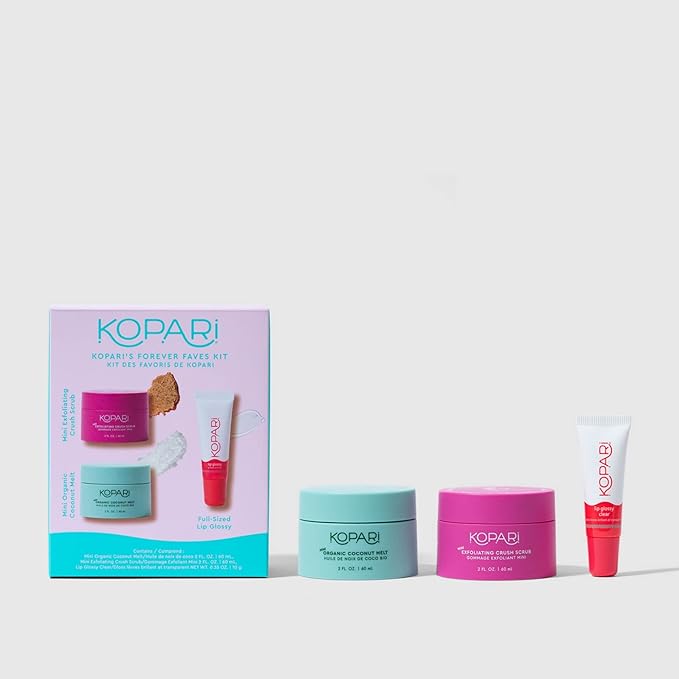 Kopari Forever Faves Bundle | Mini Organic Coconut Melt, Exfoliating Mini Coconut Crush Scrub, Clear Moisturizing Lip Glossy | Body and Lip Kit to Soothe and Hydrate Dry Skin | Cruelty Free, Vegan-VivaGrace Women