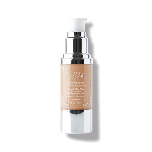 100% PURE Healthy Foundation Full Face Coverage Makeup, Liquid Matte Finish with Anti-Aging Benefits - Vegan Gorgeous Fruit Pigmented Peach Bisque Color (Medium with Olive Undertone) - 1 Fl Oz-VivaGrace Women