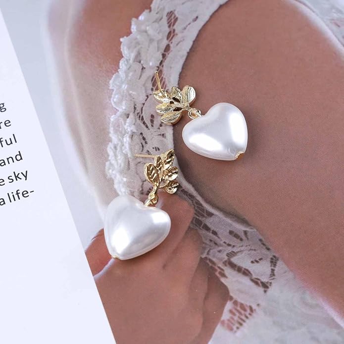 Vintage Pearl Heart Dangle Earrings Heart Pearl Drop Earrings Gold Leaf Stud Earrings Heart Love Earrings Jewelry for Women-VivaGrace Women