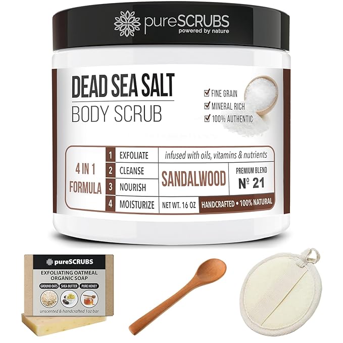 pureSCRUBS Premium Sandalwood Body Scrub Set - Large 16oz Dead Sea Salt Body Scrub With Infused Essential Oils & Nutrients, Includes Wooden Spoon, Loofah & Oatmeal Exfoliating Bar Soap-VivaGrace Women