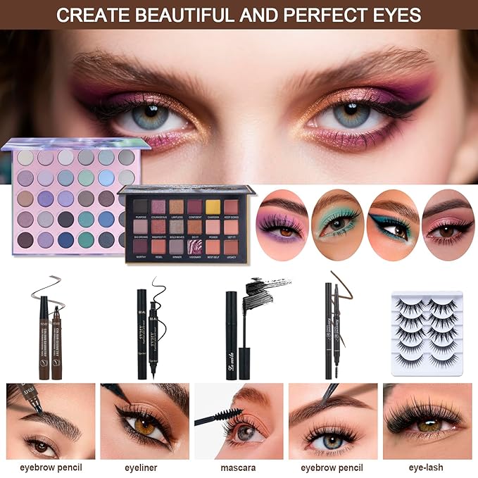 All in One Makeup Kit for Women Full Kit,Travel Makeup Set,Makeup Gift Set for Girls & Teen,Professional Makeup Kit Includes lash Clusters Kit Eyeshadow Lipstick Brow Pencil Eyeliner Brush Set-VivaGrace Women