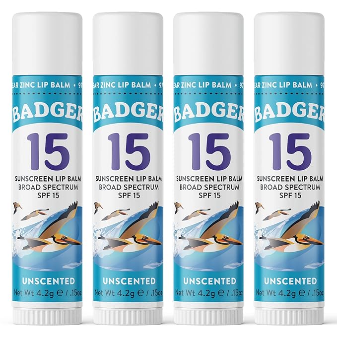 Badger Sunscreen Lip Balm SPF 15, Organic Mineral Sunscreen SPF Lip Balm with Zinc Oxide, Reef Friendly, Broad Spectrum, Water Resistant, Unscented, .15 oz (4 Pack)-VivaGrace Women