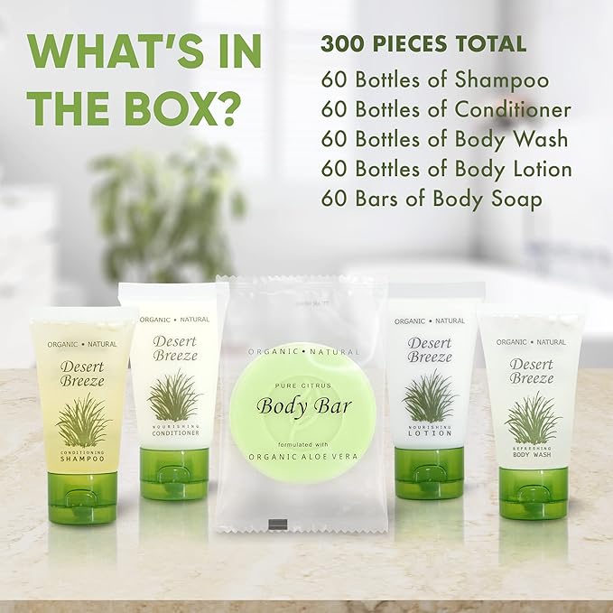 Desert Breeze Hotel Soaps and Toiletries Bulk Set | 1oz Hotel Shampoo & Conditioner, Body Wash, Body Lotion & Bar Soap | Travel Size Toiletries 300 Pieces-VivaGrace Women