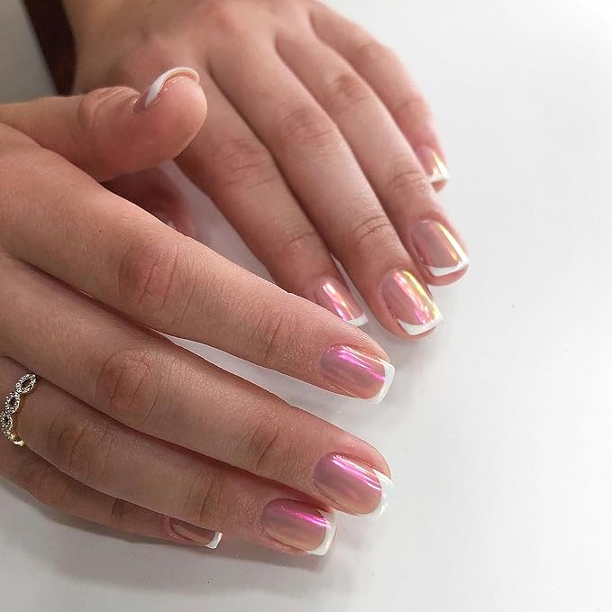 Press on Nails Square - Iridescent Chrome French Fake Nails Short Acrylic Full Cover Glue on Nails in 12 Sizes - 24 Piece Nail Kit,Natural Fit for Women & Girls Daily Wear