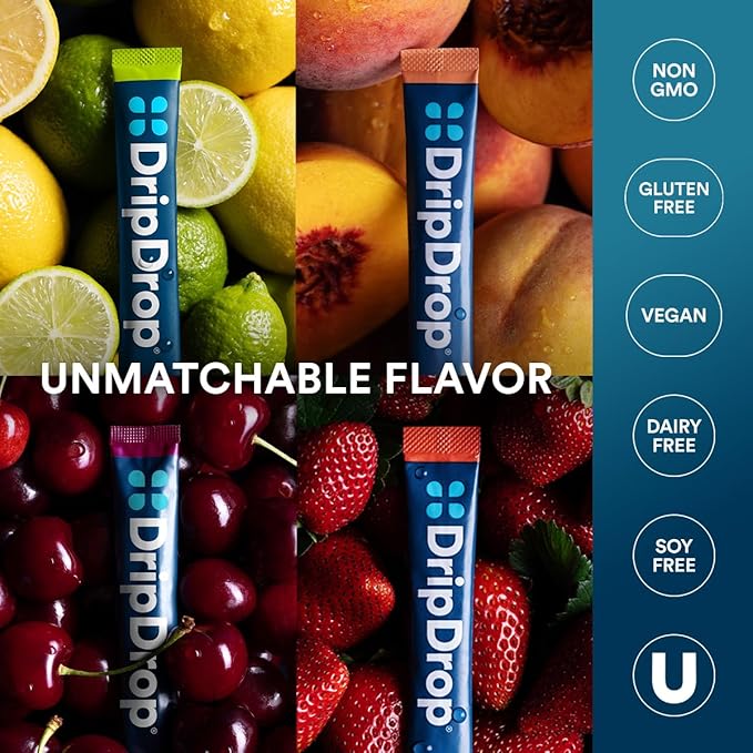 DripDrop Hydration Packets - Sunburst Variety Pack - Single Serve Electrolytes Powder Drink Mix - Lemon Lime, Strawberry, Peach, Black Cherry - Non-GMO, Gluten Free, Vegan - 32 Sticks-VivaGrace Women