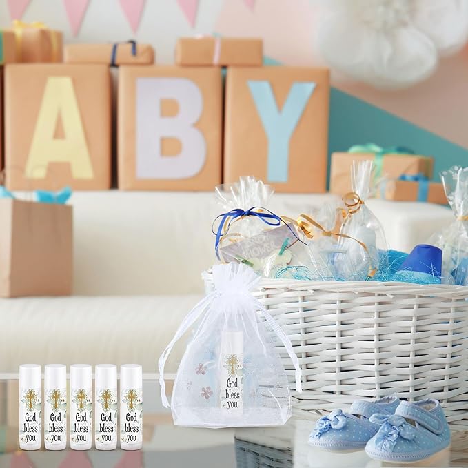 Demissle 50 Pcs Baby Shower Lip Balm Gift Set with 100 Pcs Organza Bags Baby Shower Party Favor for Guest Thank You Tag Rope Baby Shower Party Decoration Gender Reveal Souvenirs (God Bless You)-VivaGrace Women