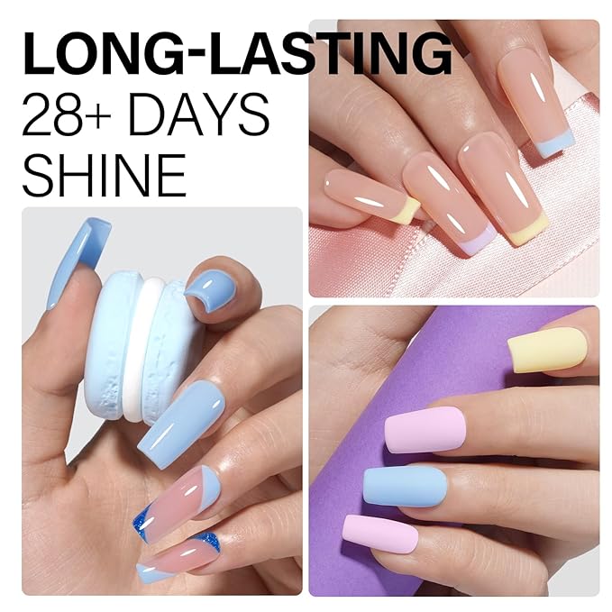 AILLSA Blue Gel Nail Polish Set Baby Blue Pastel Purple Yellow Macaron Gel Polish with Base and Top Coat, Long Lasting Summer Spring Color Soak Off U V L ED Manicure Art Salon DIY at Home 7Pcs 8ML