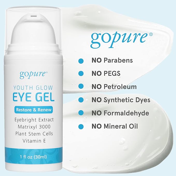 goPure Youth Glow Eye Gel - Anti-Aging Eye Cream that Soothes and Hydrates, Made with Matrixyl 3000 and Hyaluronic Acid for Improve the Look of Puffiness, Dark Circles, and Under Eye Bags - 1 fl oz-VivaGrace Women