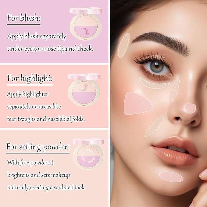 Pink Setting Powder, 3 in 1 Blush Palette with Puff, Highlighter Palette, Fine Texture Blush Pressed Powder, Setting Powder Makeup, Korea Makeup - Pink-VivaGrace Women