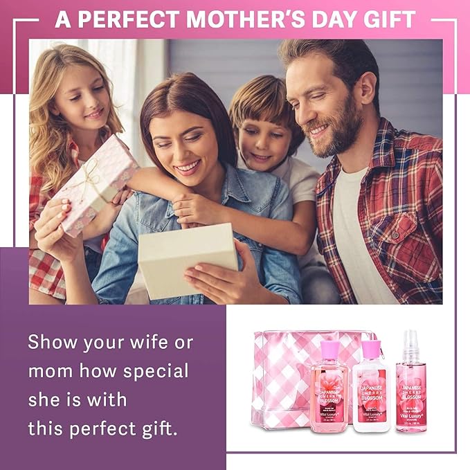 Bath & Body Kit Japanese Cherry Blossom, 3 Fl Oz, Ideal Skincare Gift, Home Spa Set, Includes Body Lotion, Shower Gel and Fragrance Mist, Perfect for Christmas Gifts and Festive Pampering-VivaGrace Women