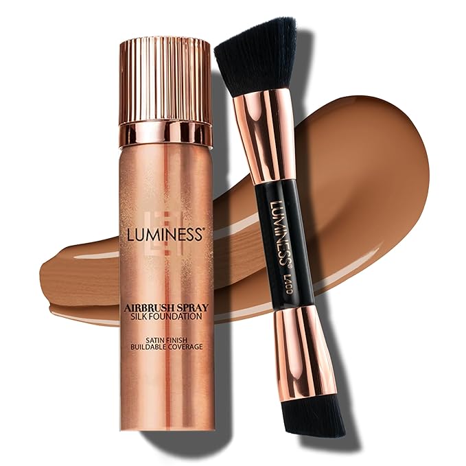 LUMINESS Silk Airbrush Spray Foundation & Buffing Brush Kit – Full Coverage Foundation & Dual-Sided Buffing Brush - Buildable Coverage, Anti-Aging Formula Hydrates & Moisturizes (Shade - Tan)-VivaGrace Women