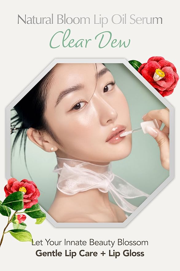 Natural Bloom Korean Lip Oil Serum 0.14 fl oz | Moisturizing Lip Booster Plumping Oil Serum Enriched w/Camellia & Safflower Oils | Non-Irritating Clear Lip Gloss with Glazed Finish (Clear Dew)-VivaGrace Women